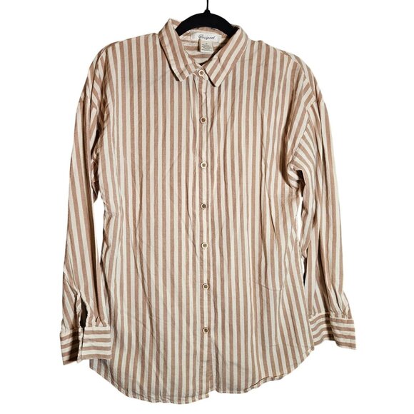 Striped Button-Up Shirt  Womans Crochet Back Panel Beige White Size Med Boho - Picture 1 of 13